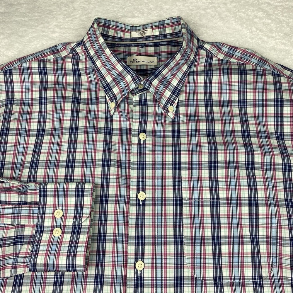 Peter Millar Dress Shirt Mens XL‎ Blue/Mauve Plaid Regular Fit Long Sleeves